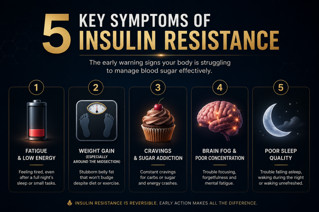 insulin resistance symptoms - 5 signs including fatigue, brain fog, belly fat and sugar cravings